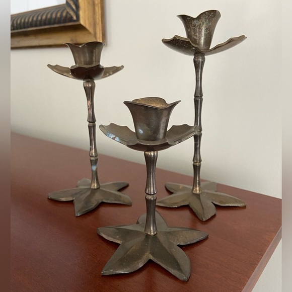 Source Unknown Other - Set of 3 Solid Brass Flower Candle Holders Lotus ?